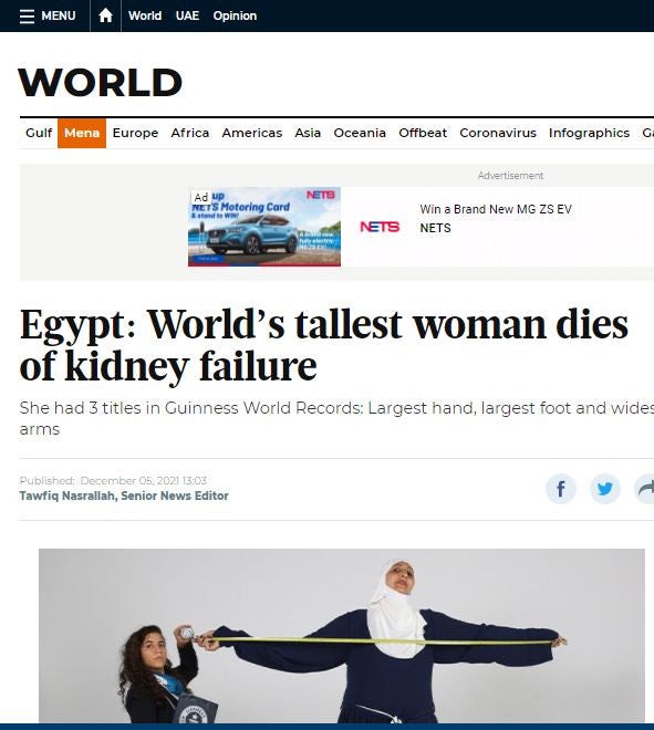 Egypt: World's tallest woman dies of kidney failure